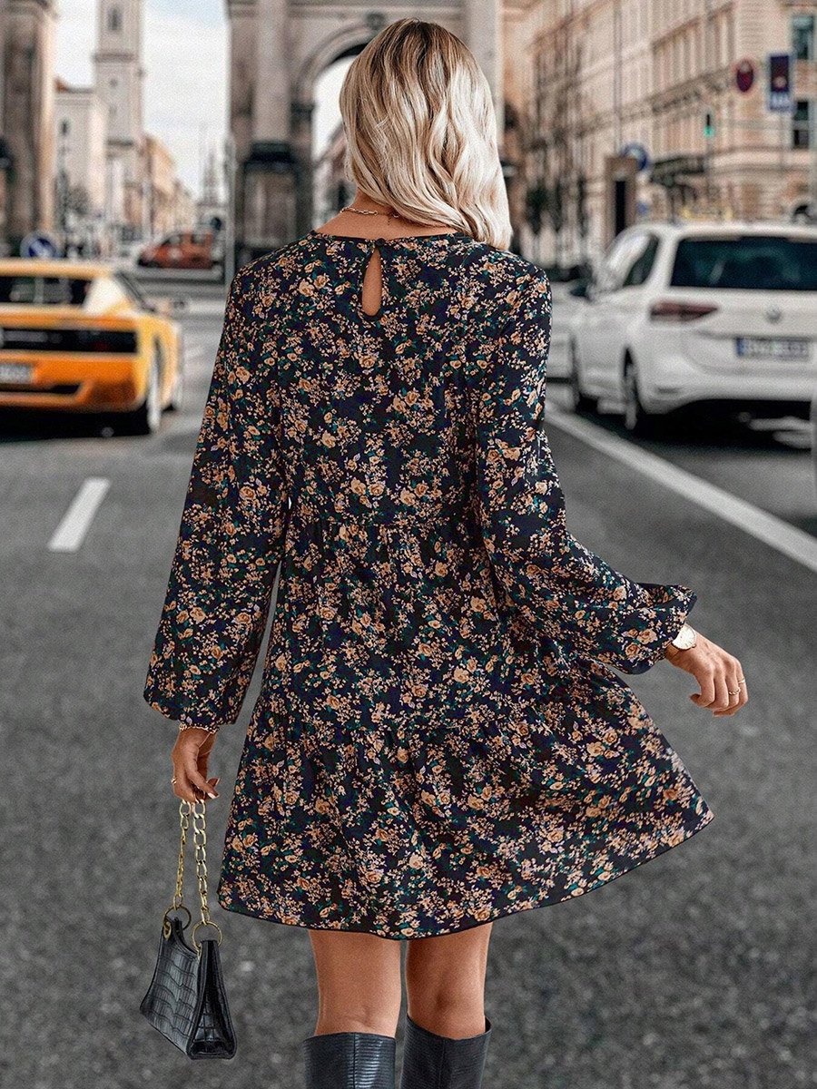 Women All-Over Printed Balloon Sleeve Mini Dress