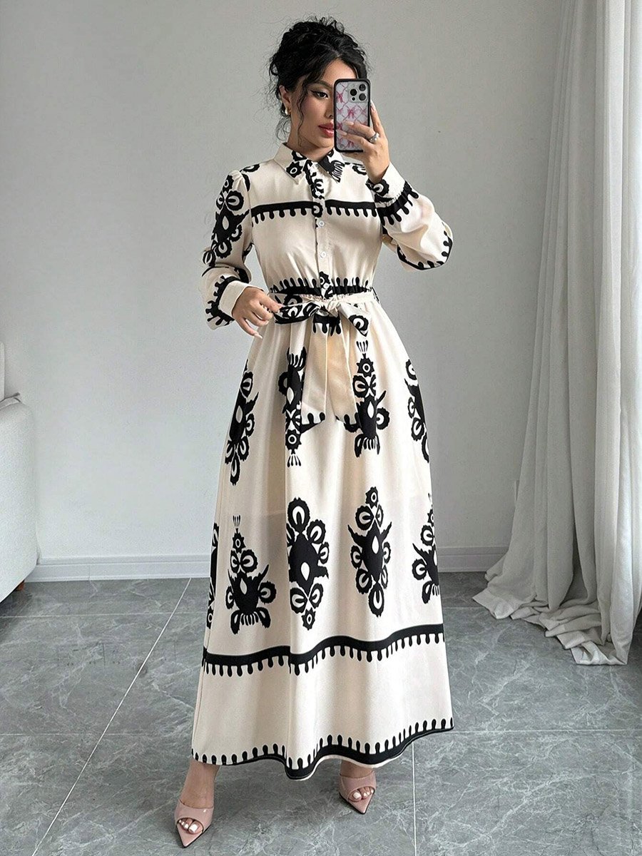Women Graphic Belted Button Front Maxi Dress