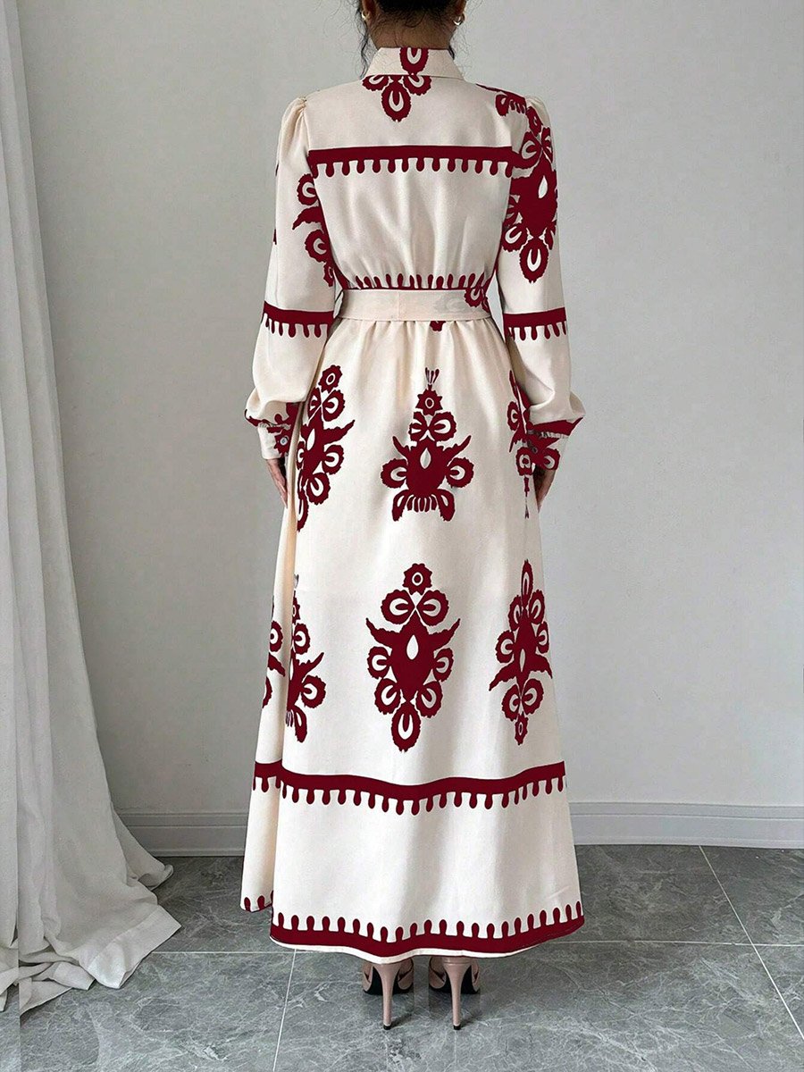 Women Graphic Belted Button Front Maxi Dress