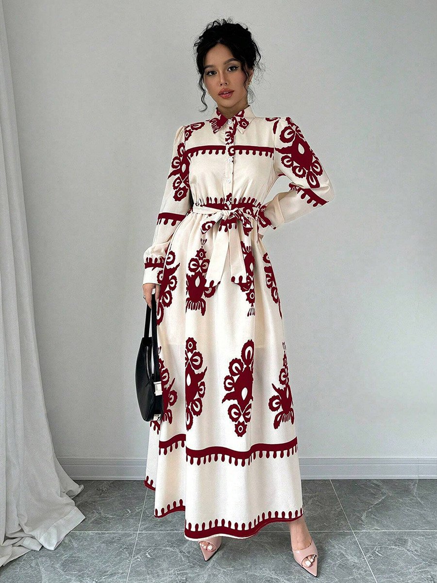 Women Graphic Belted Button Front Maxi Dress