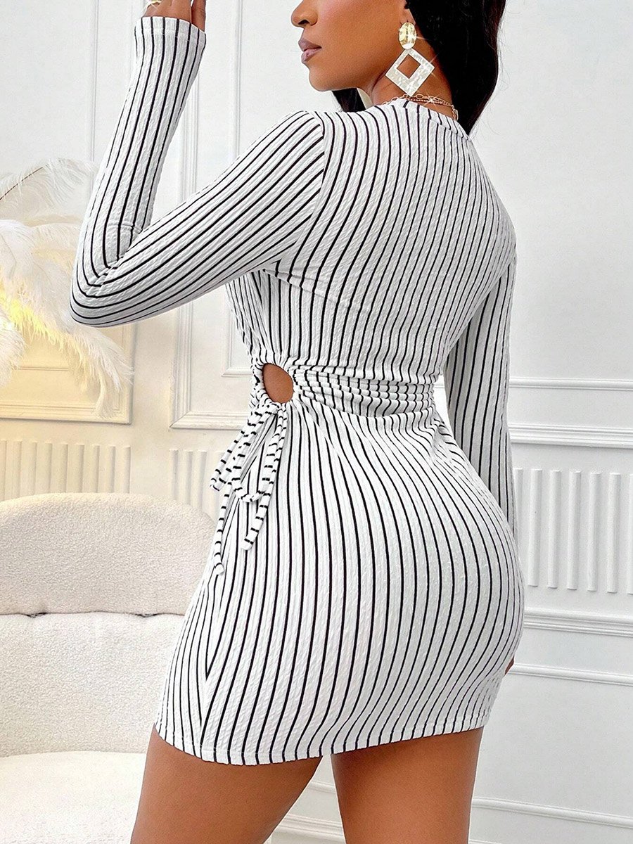 Women Striped Drawstring Waist Mini Dress