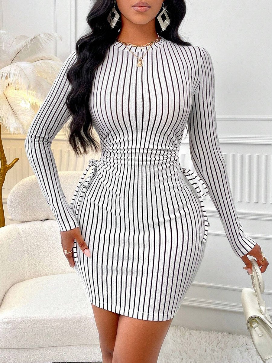 Women Striped Drawstring Waist Mini Dress
