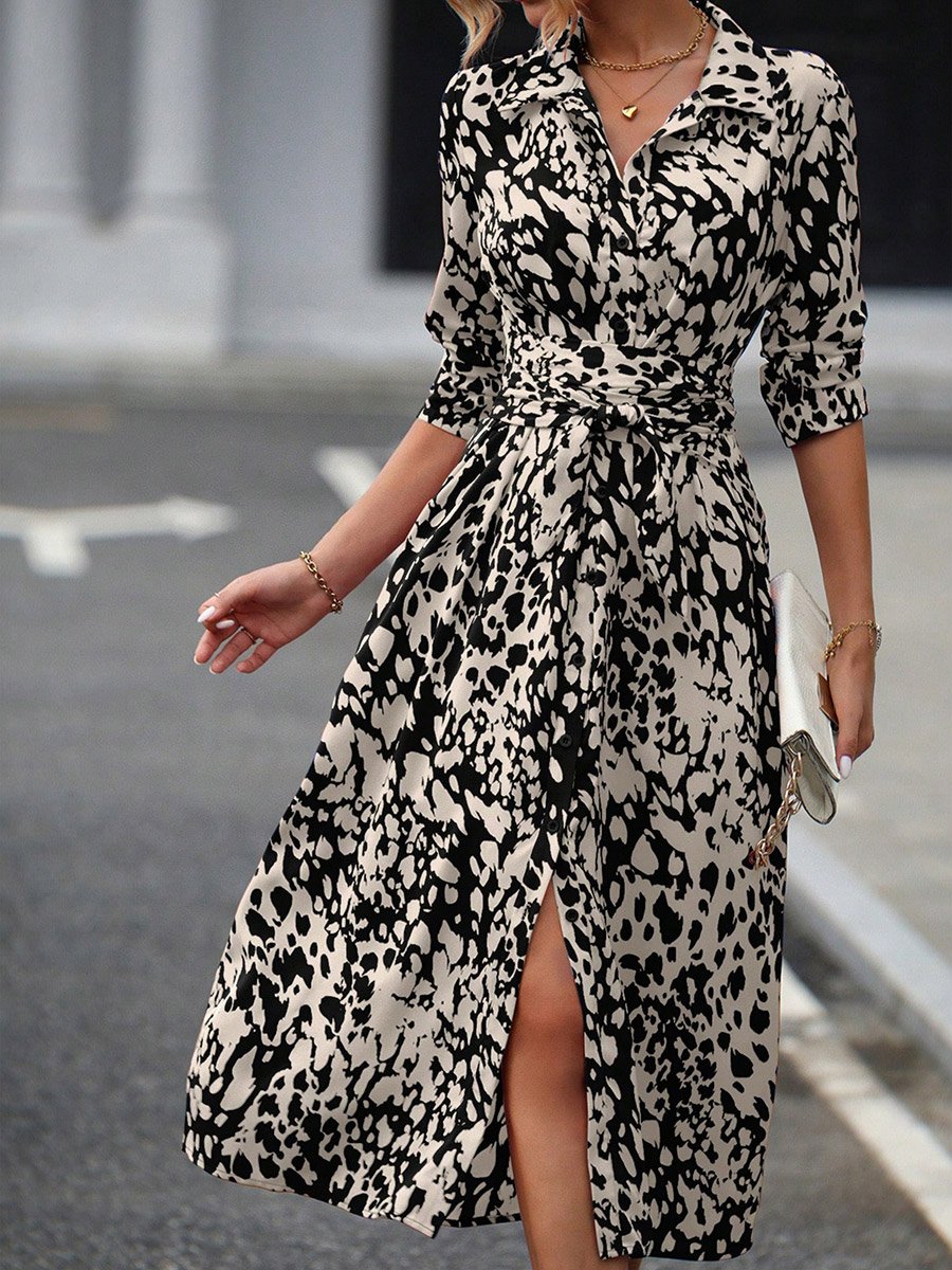 Women All-Over Printed Collared Belted Midi Dress