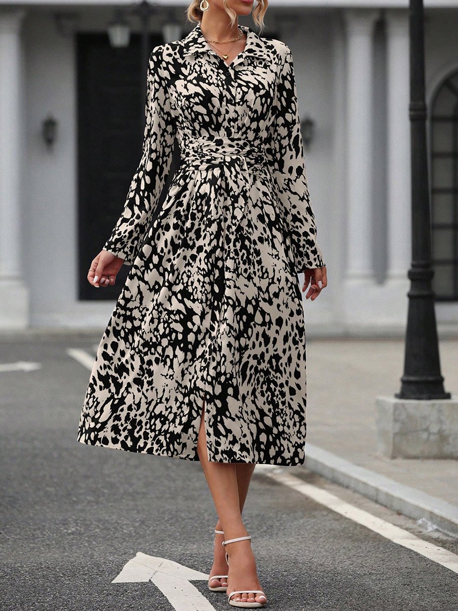 Women All-Over Printed Collared Belted Midi Dress
