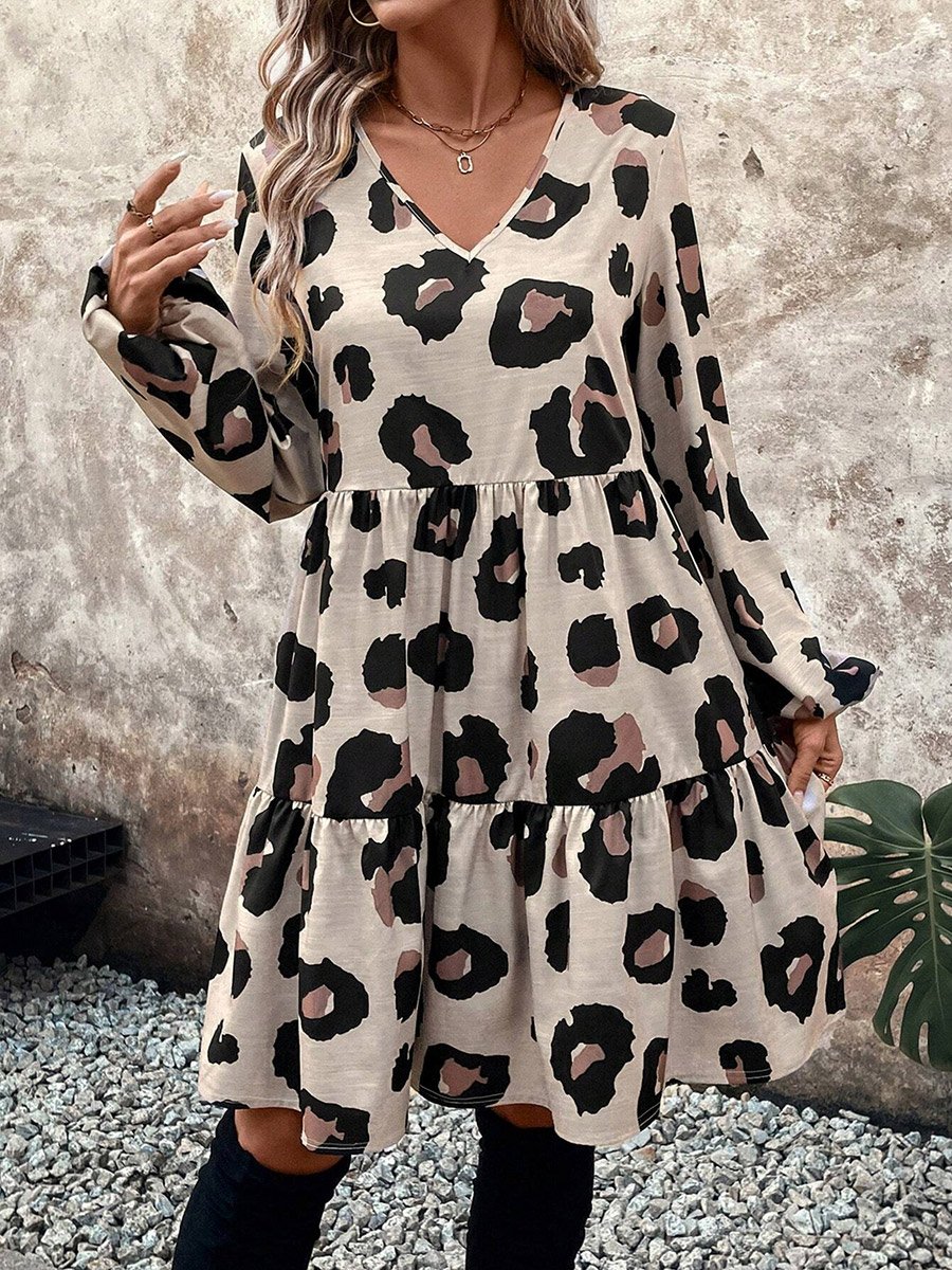 Women Leopard Printed Long Sleeve Mini Dress