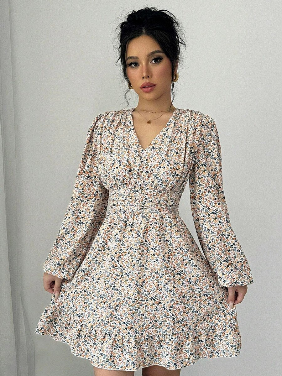 Women All-Over Printed Balloon Sleeve Mini Dress