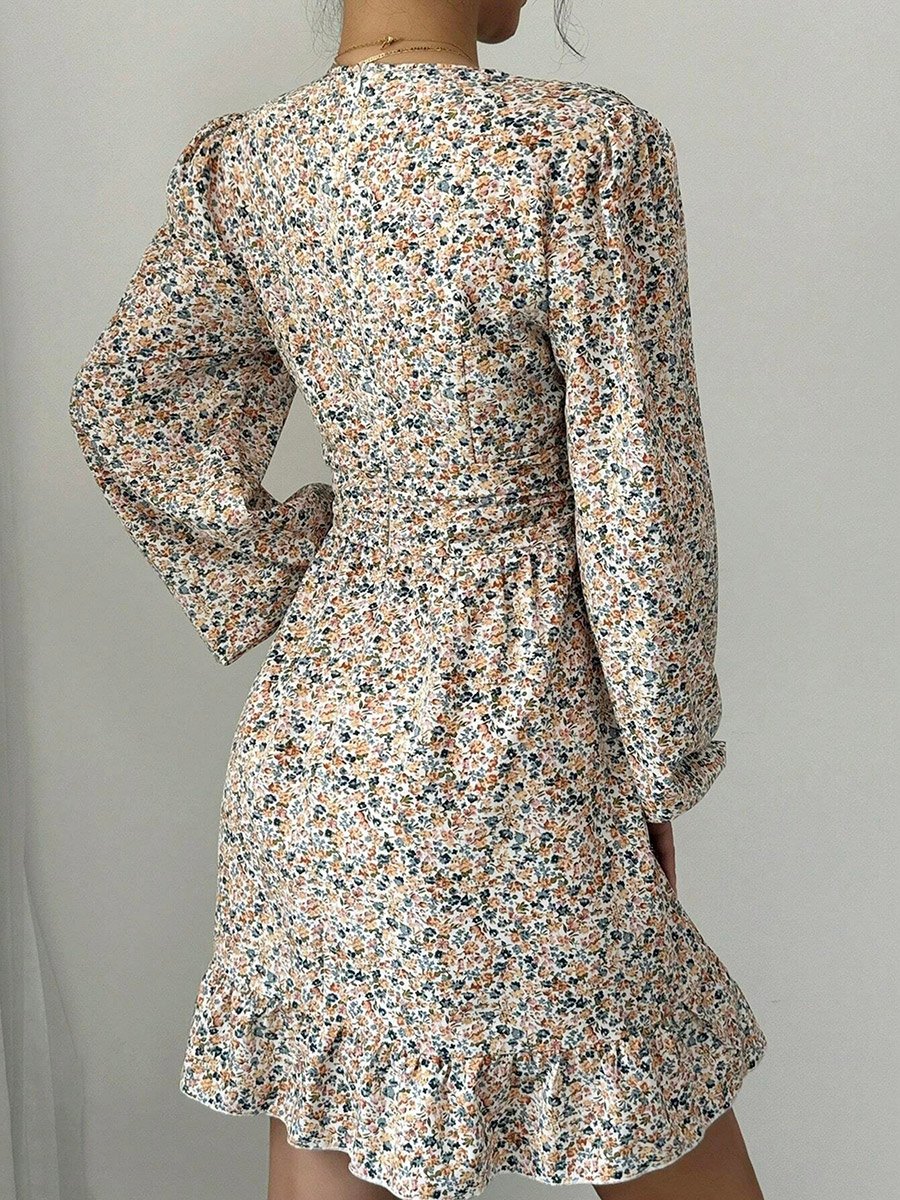 Women All-Over Printed Balloon Sleeve Mini Dress