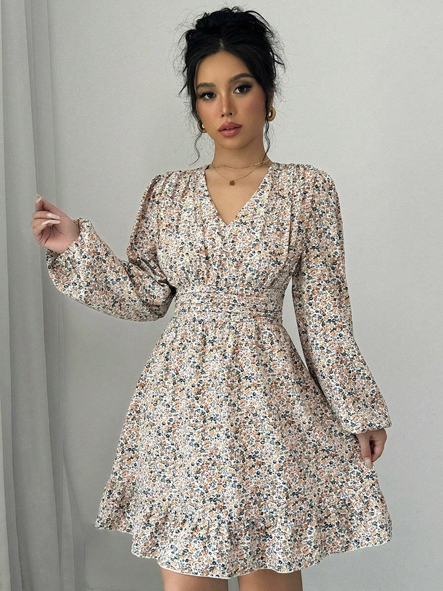 Women All-Over Printed Balloon Sleeve Mini Dress
