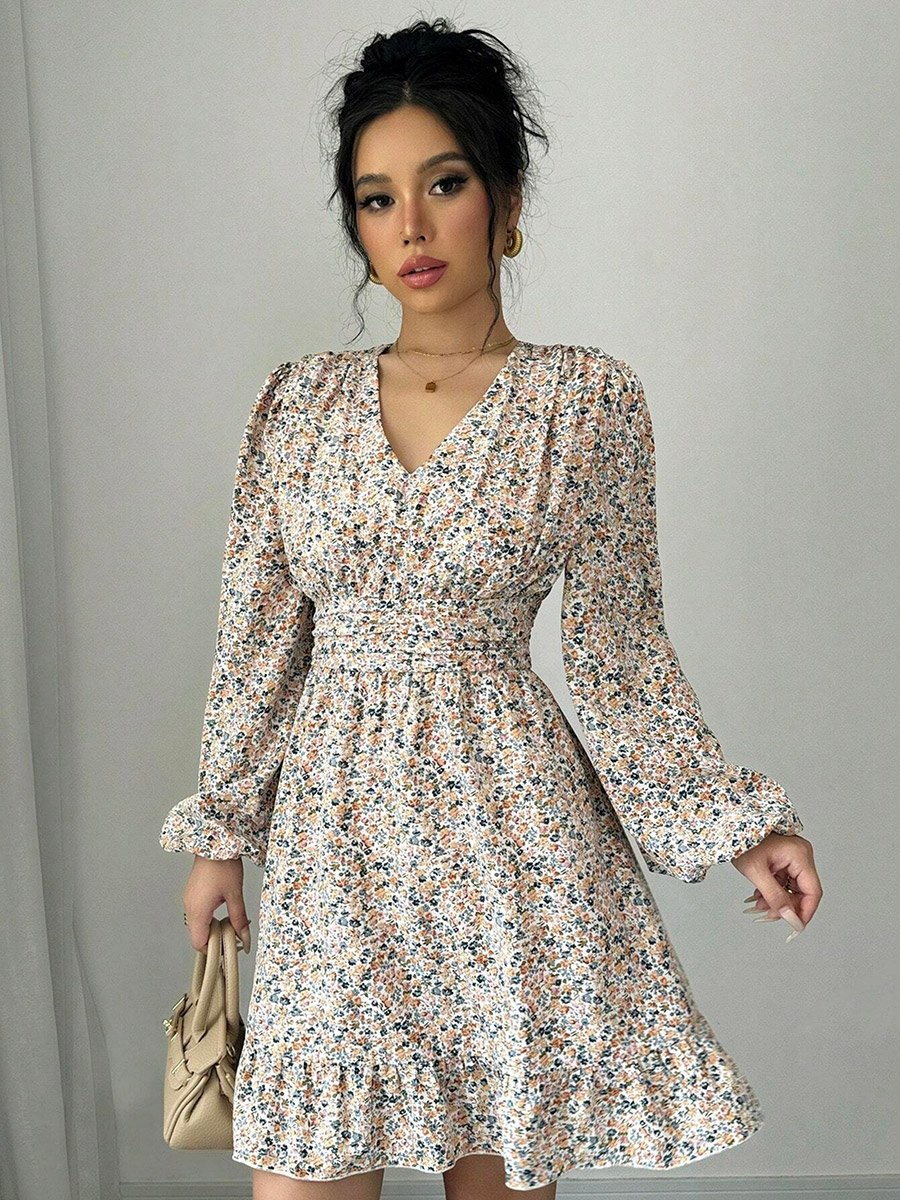 Women All-Over Printed Balloon Sleeve Mini Dress