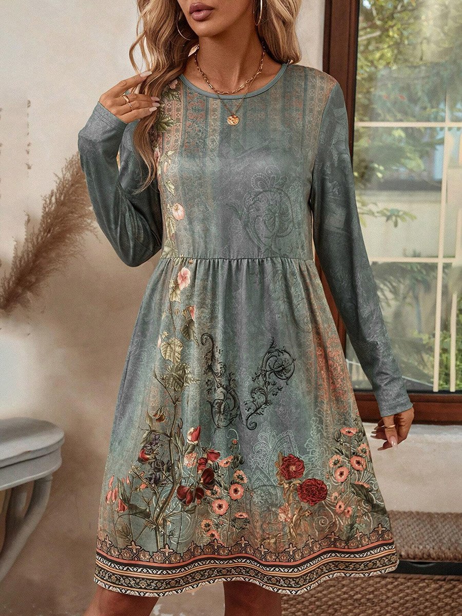 Women Floral Printed Round Neck Mini Dress