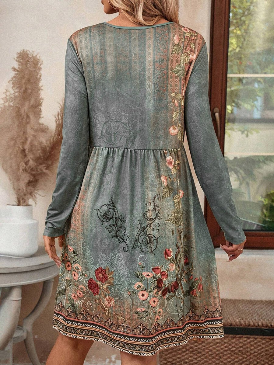 Women Floral Printed Round Neck Mini Dress
