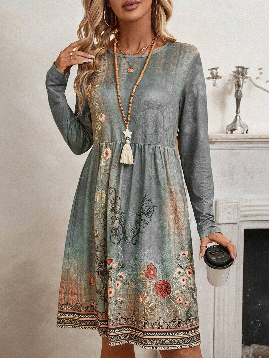 Women Floral Printed Round Neck Mini Dress