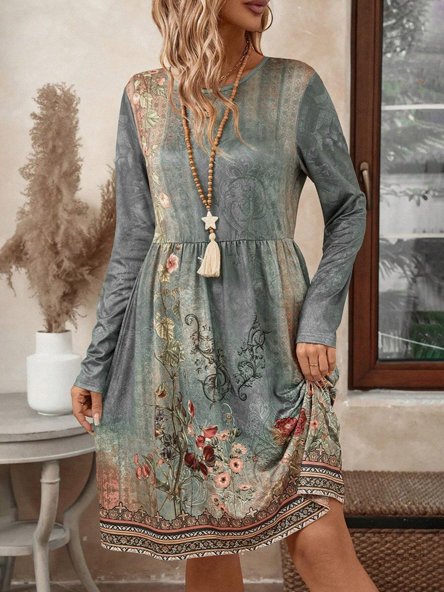 Women Floral Printed Round Neck Mini Dress