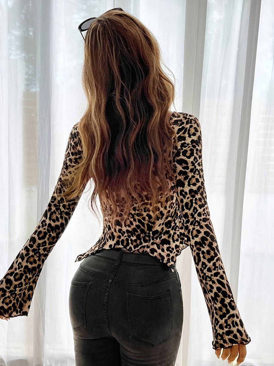 Women Leopard Print Drawstring Detail Top