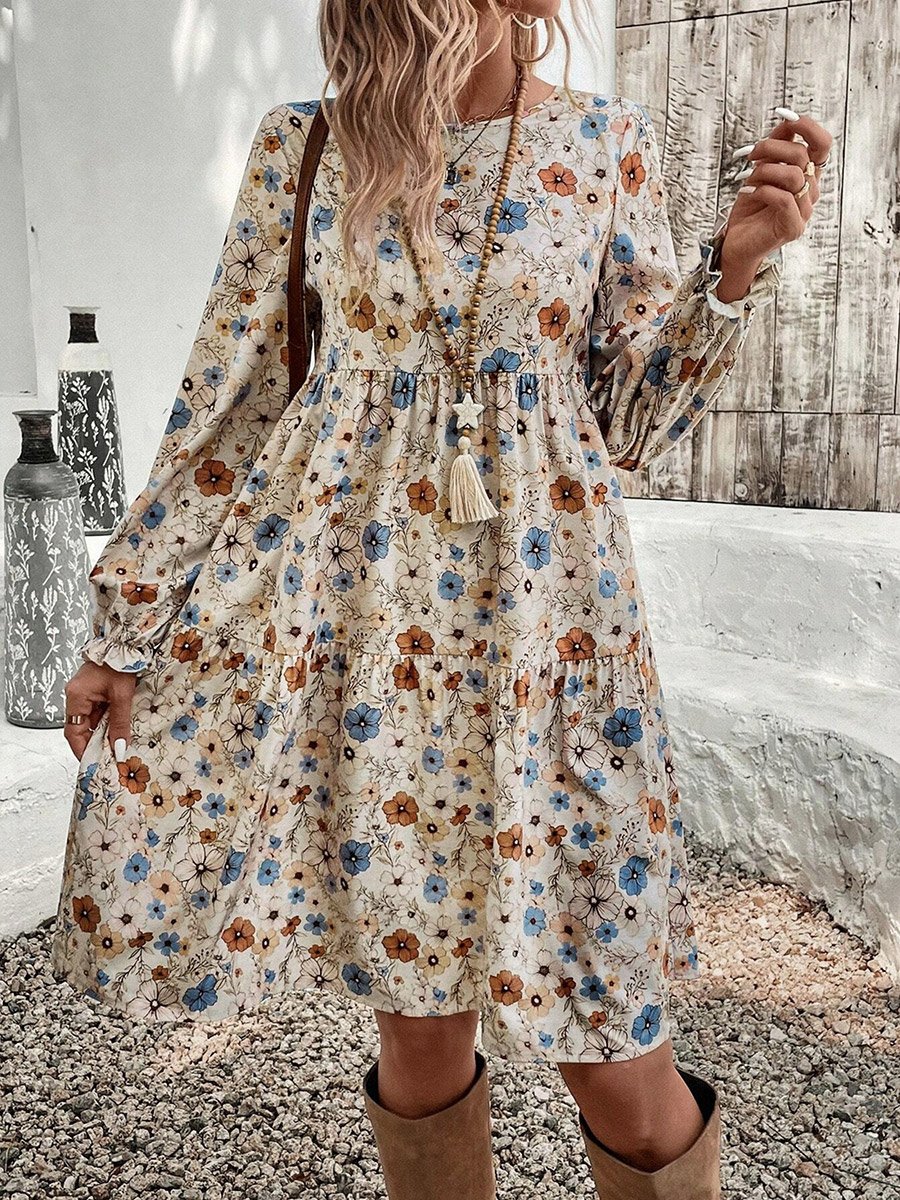 Women Floral Printed Long Sleeve Mini Dress