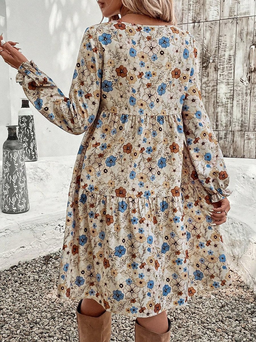 Women Floral Printed Long Sleeve Mini Dress