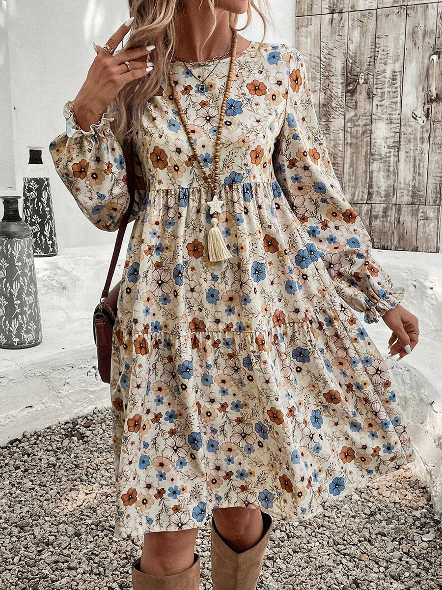 Women Floral Printed Long Sleeve Mini Dress