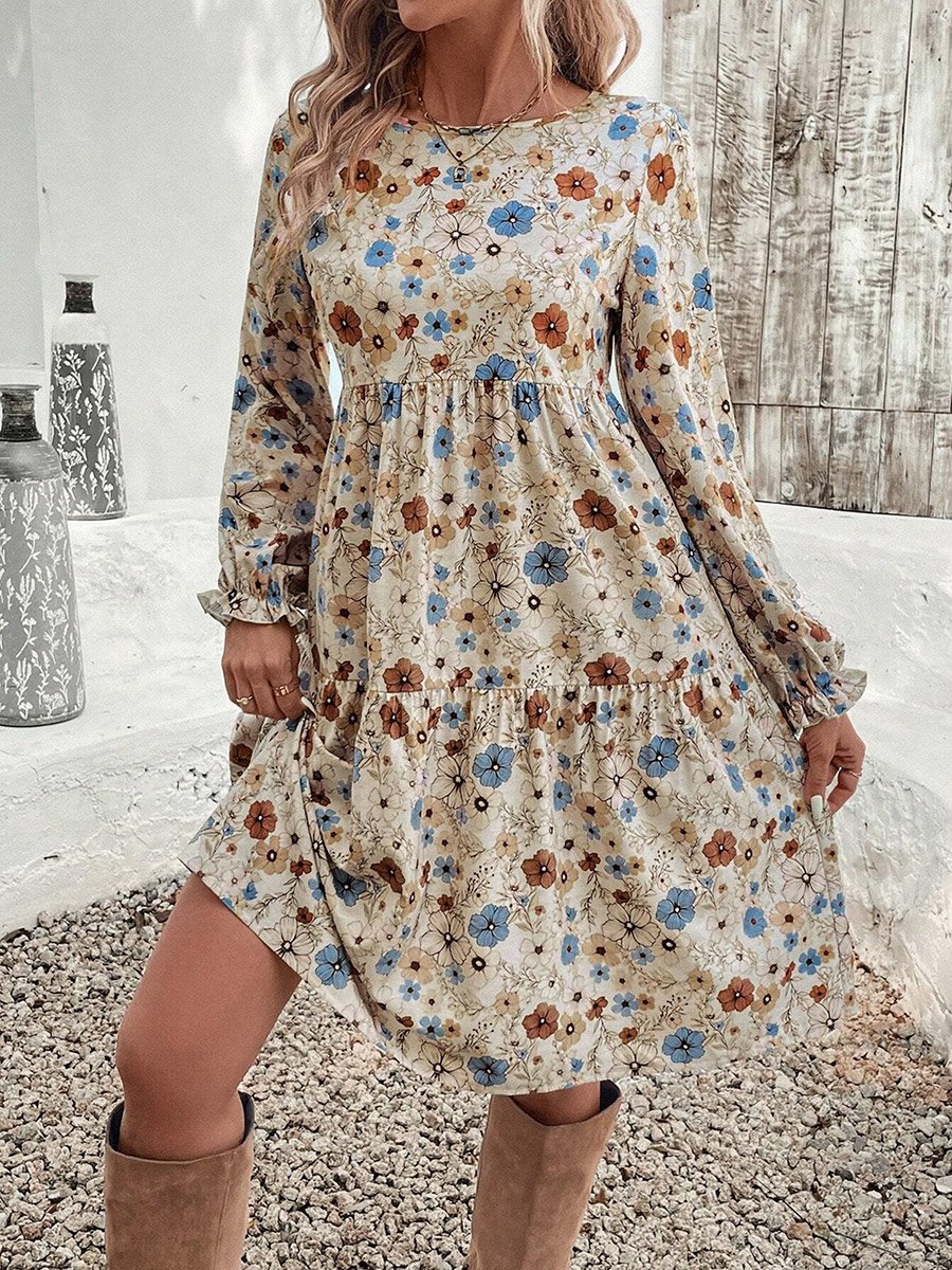 Women Floral Printed Long Sleeve Mini Dress
