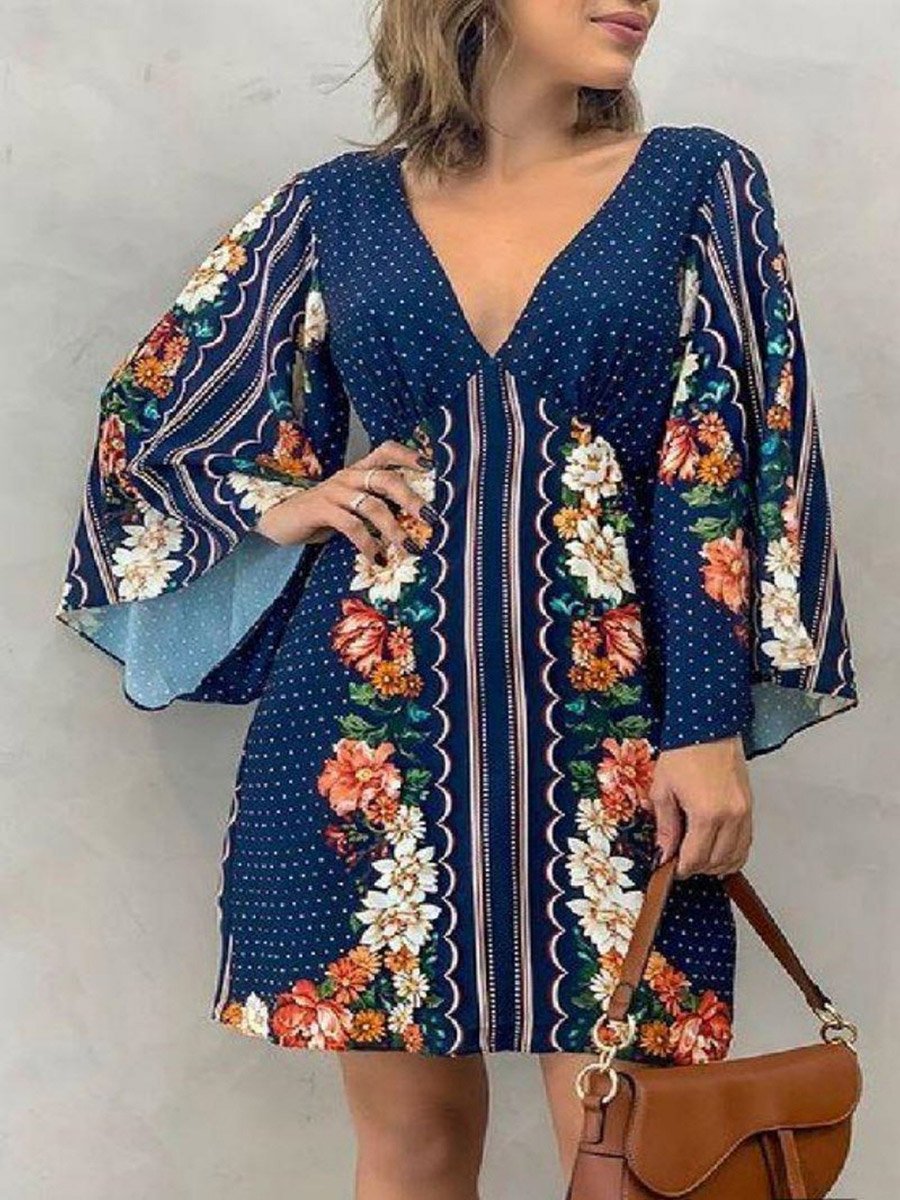Women Floral Printed Bell Sleeve Mini Dress