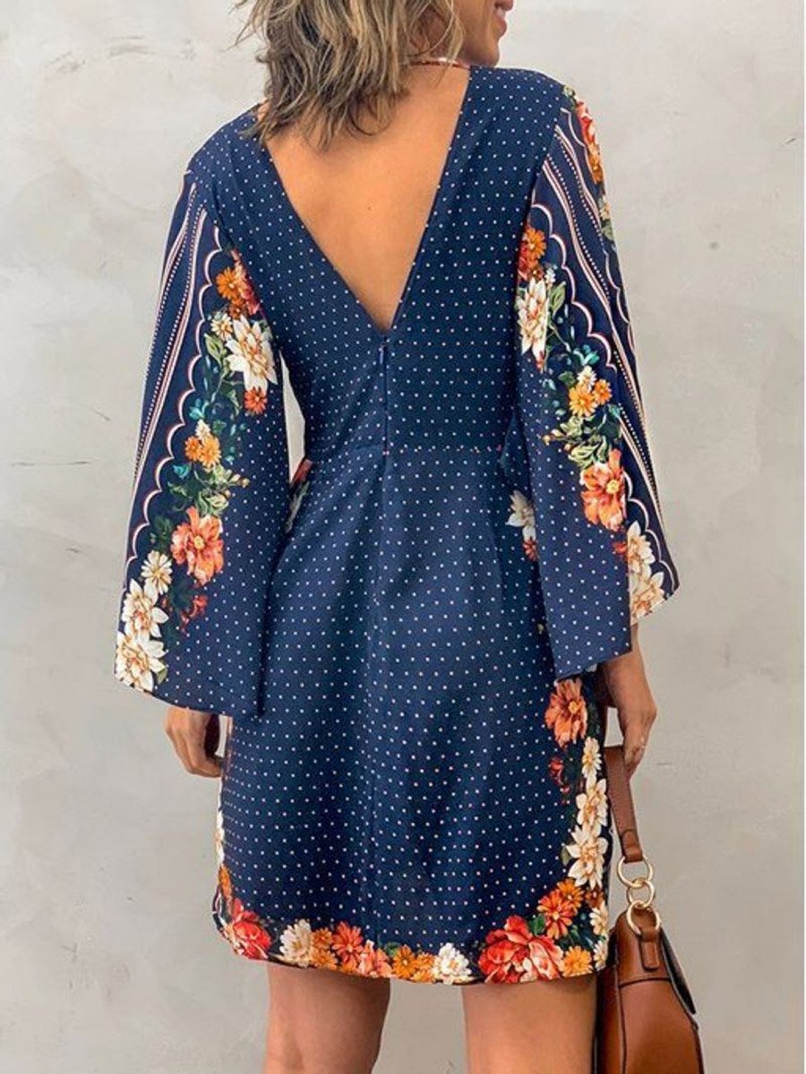Women Floral Printed Bell Sleeve Mini Dress