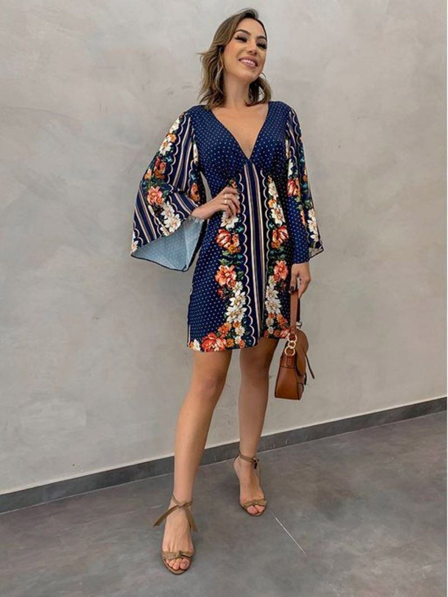 Women Floral Printed Bell Sleeve Mini Dress