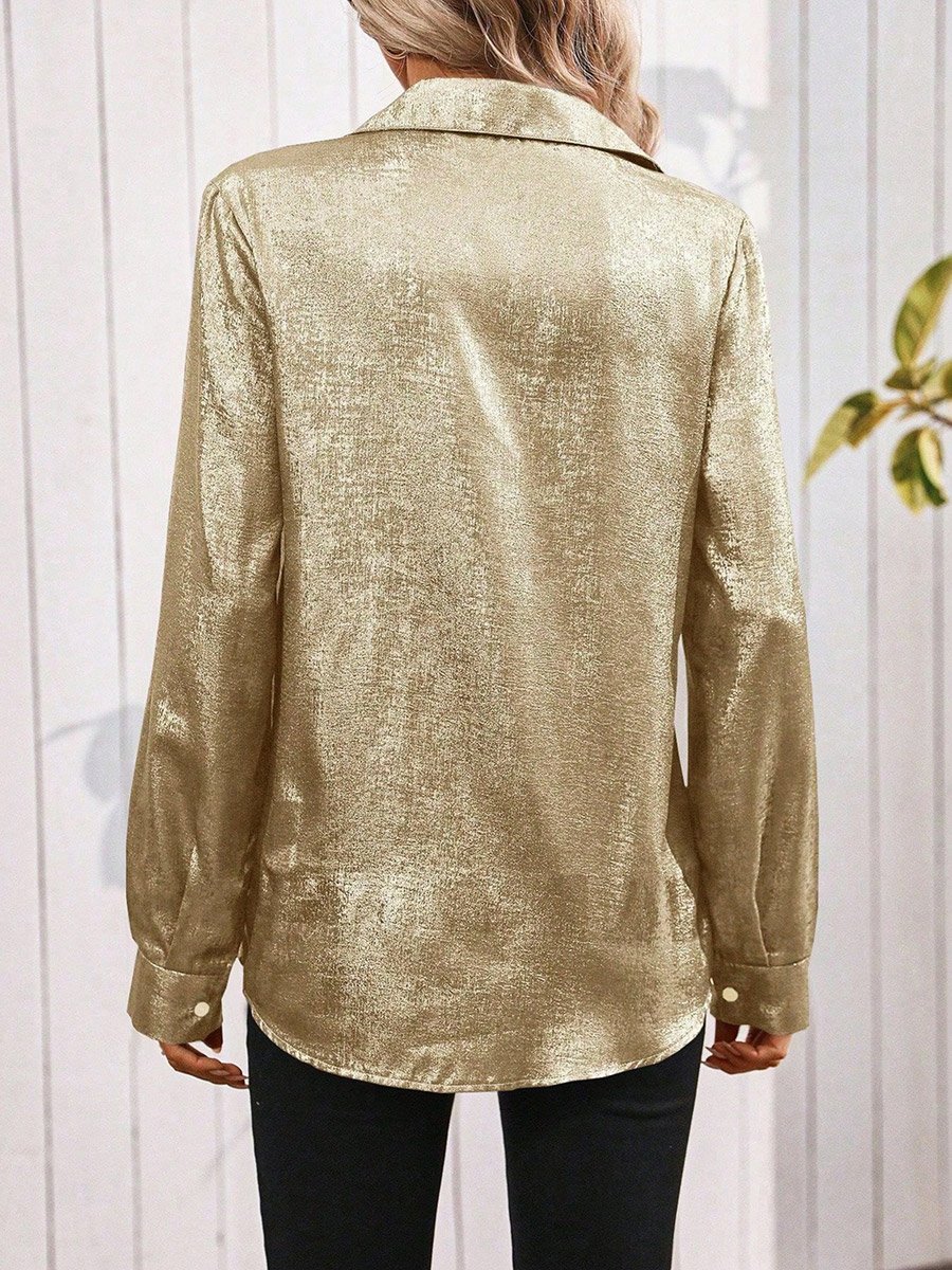 Women Beige Satin Button-Down Shirt