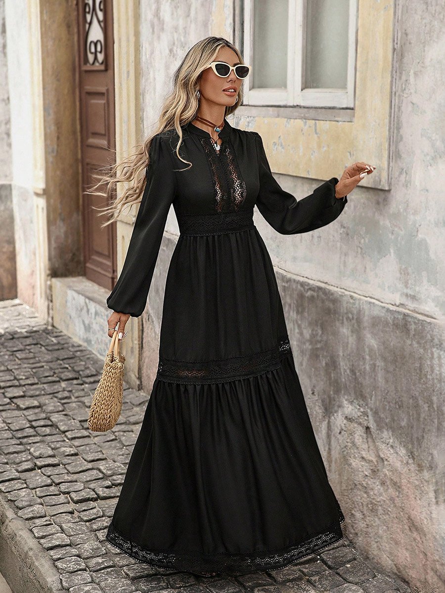 Women Black Cut-Out Detail Balloon Sleeve Maxi Dress