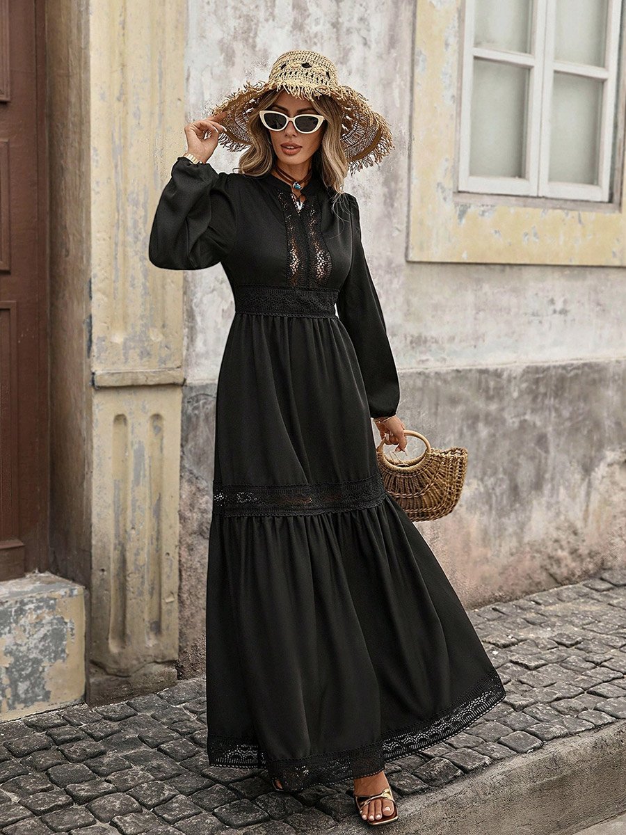 Women Black Cut-Out Detail Balloon Sleeve Maxi Dress