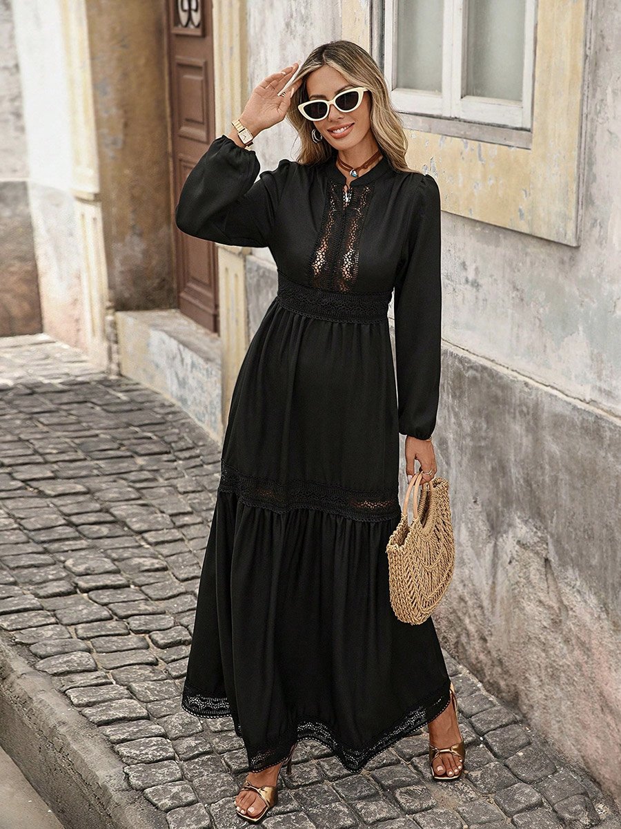 Women Black Cut-Out Detail Balloon Sleeve Maxi Dress
