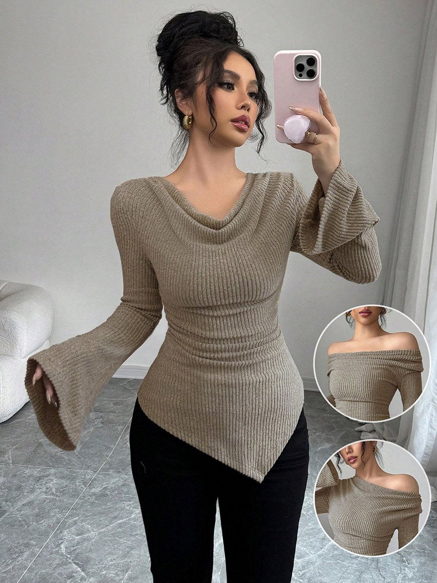 Women Grey Knit Top with Drape Neck
