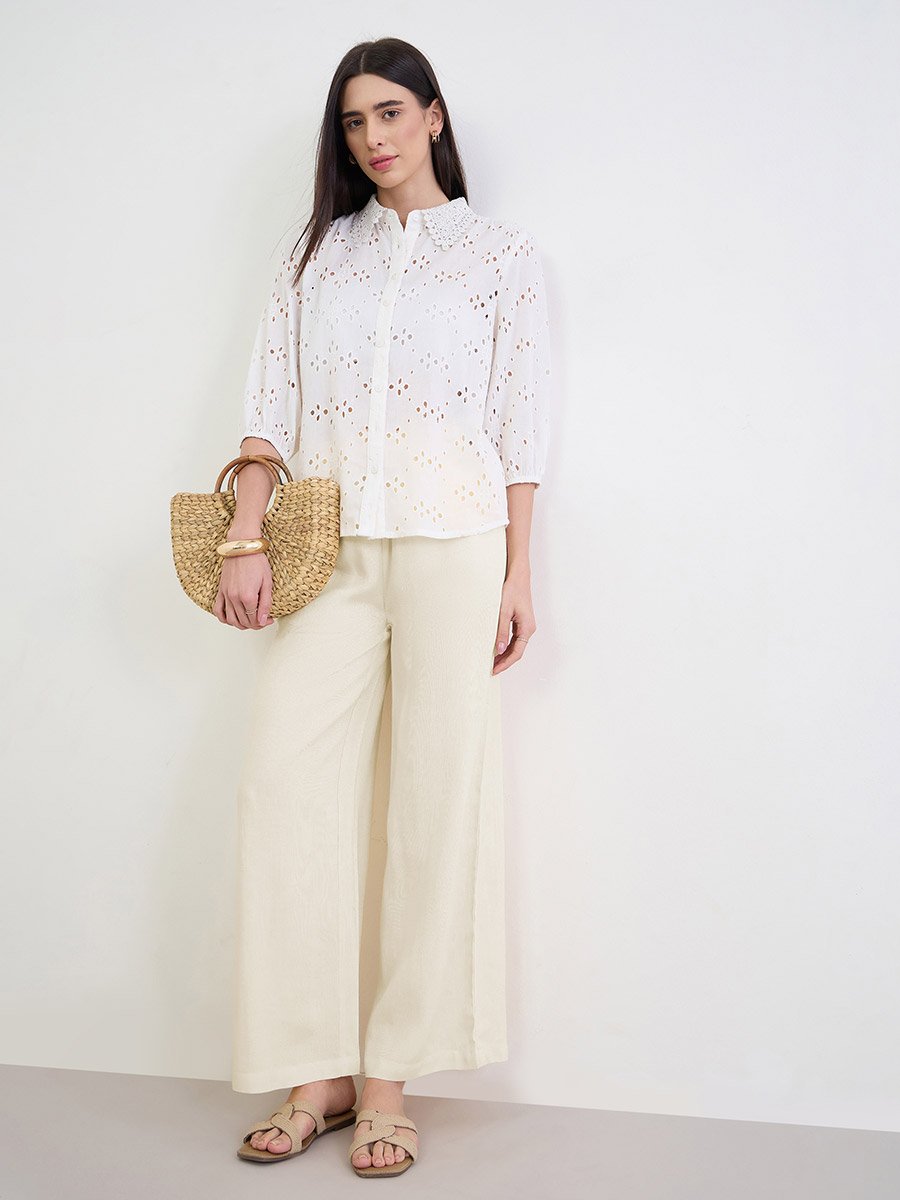 Off White Floral Embroidered Shirt with Lace Collar