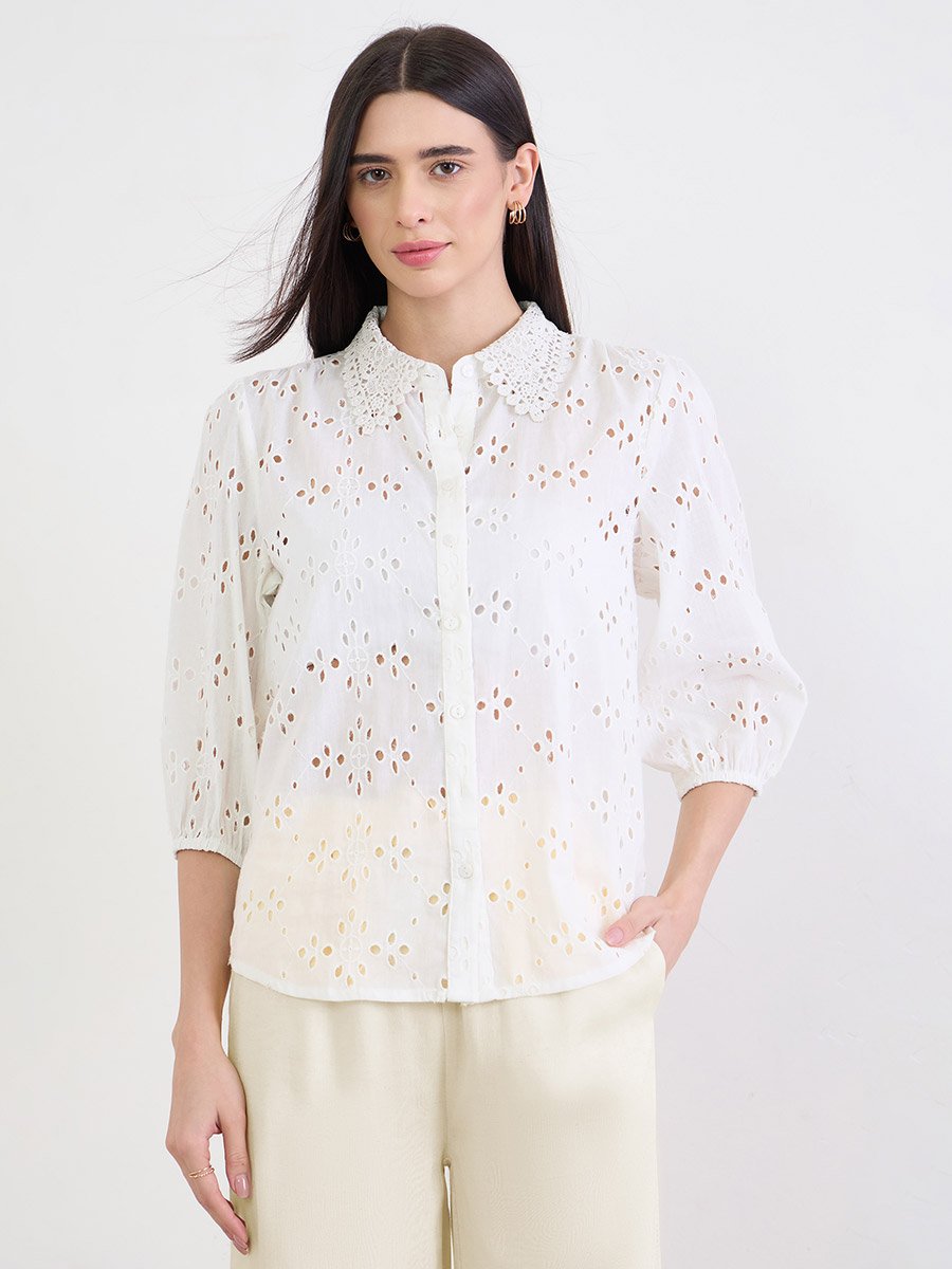 Off White Floral Embroidered Shirt with Lace Collar
