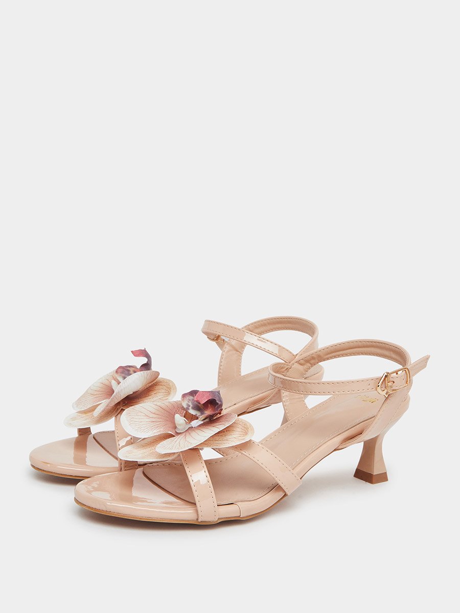 Beige Kitten Heel Sandals with Flower Detail