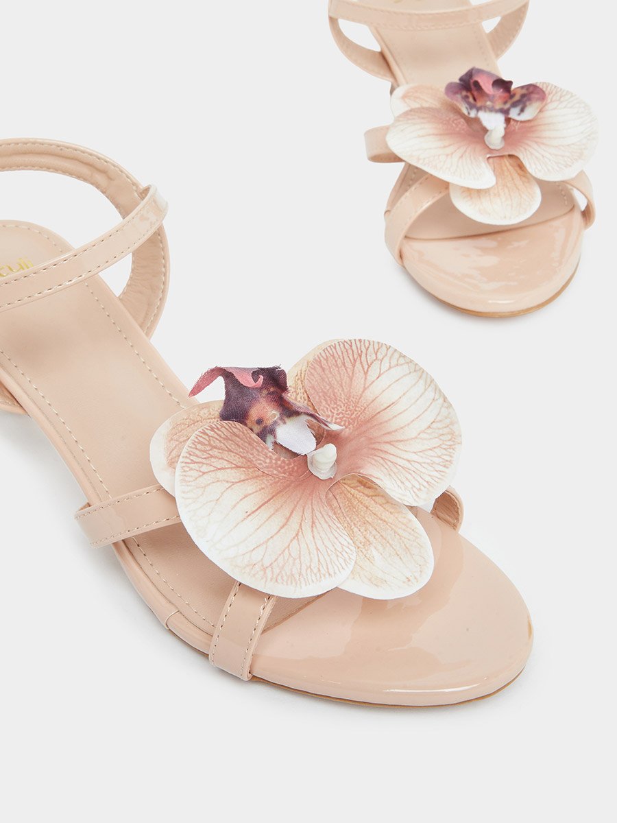 Beige Kitten Heel Sandals with Flower Detail