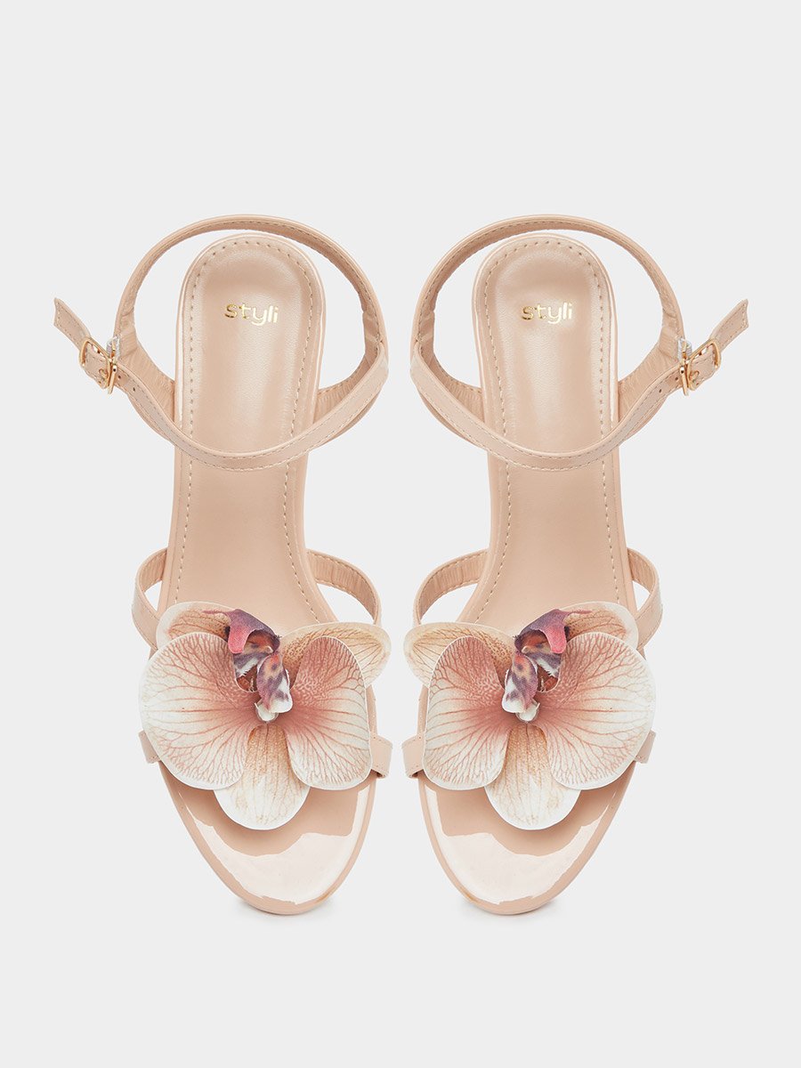 Beige Kitten Heel Sandals with Flower Detail