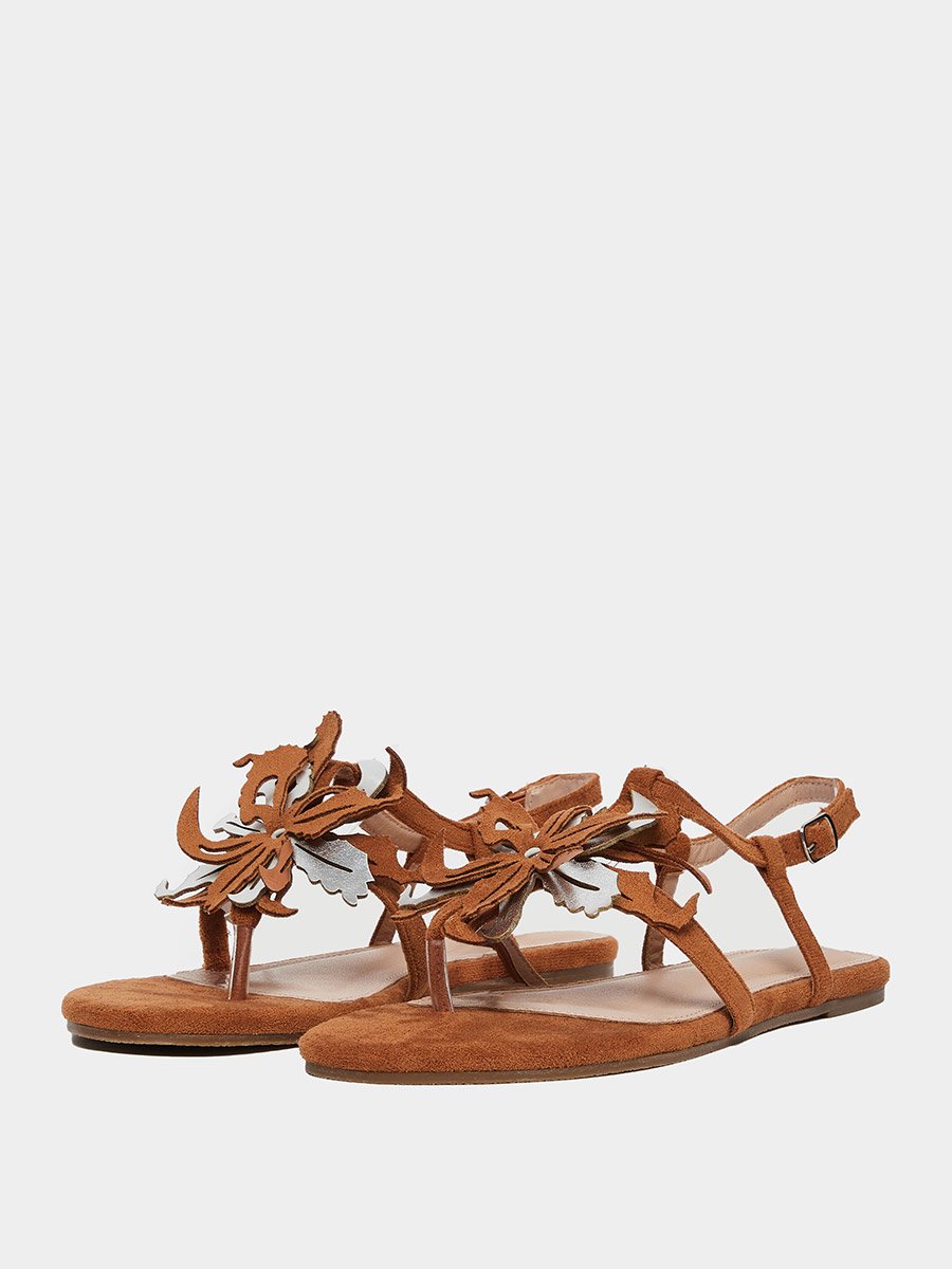 Tan Flat Sandals with Floral Detail