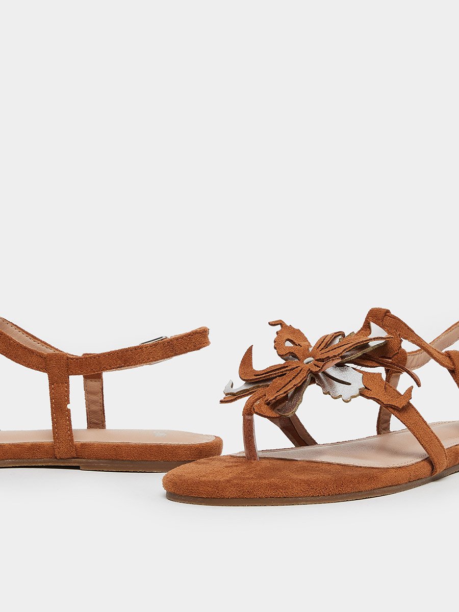 Tan Flat Sandals with Floral Detail