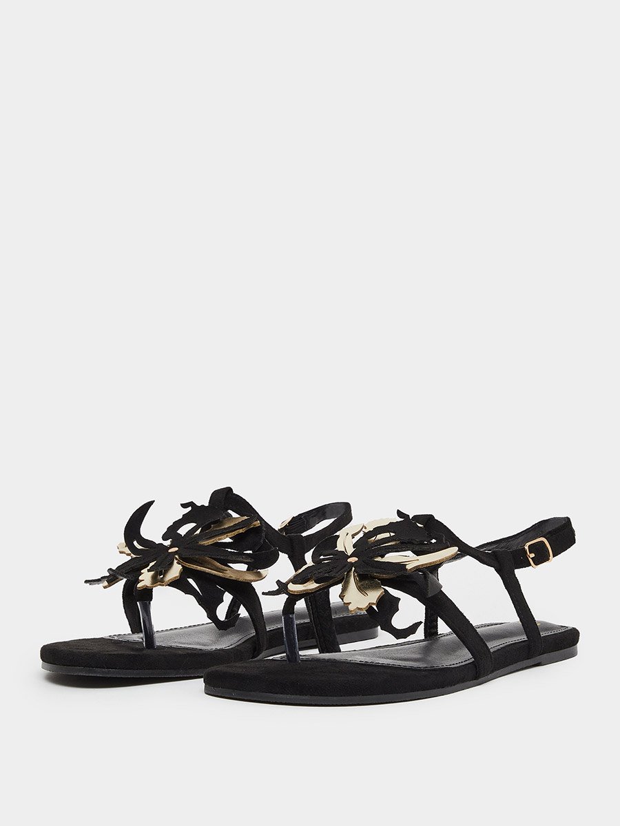 Black Flat Sandals with Floral Detail