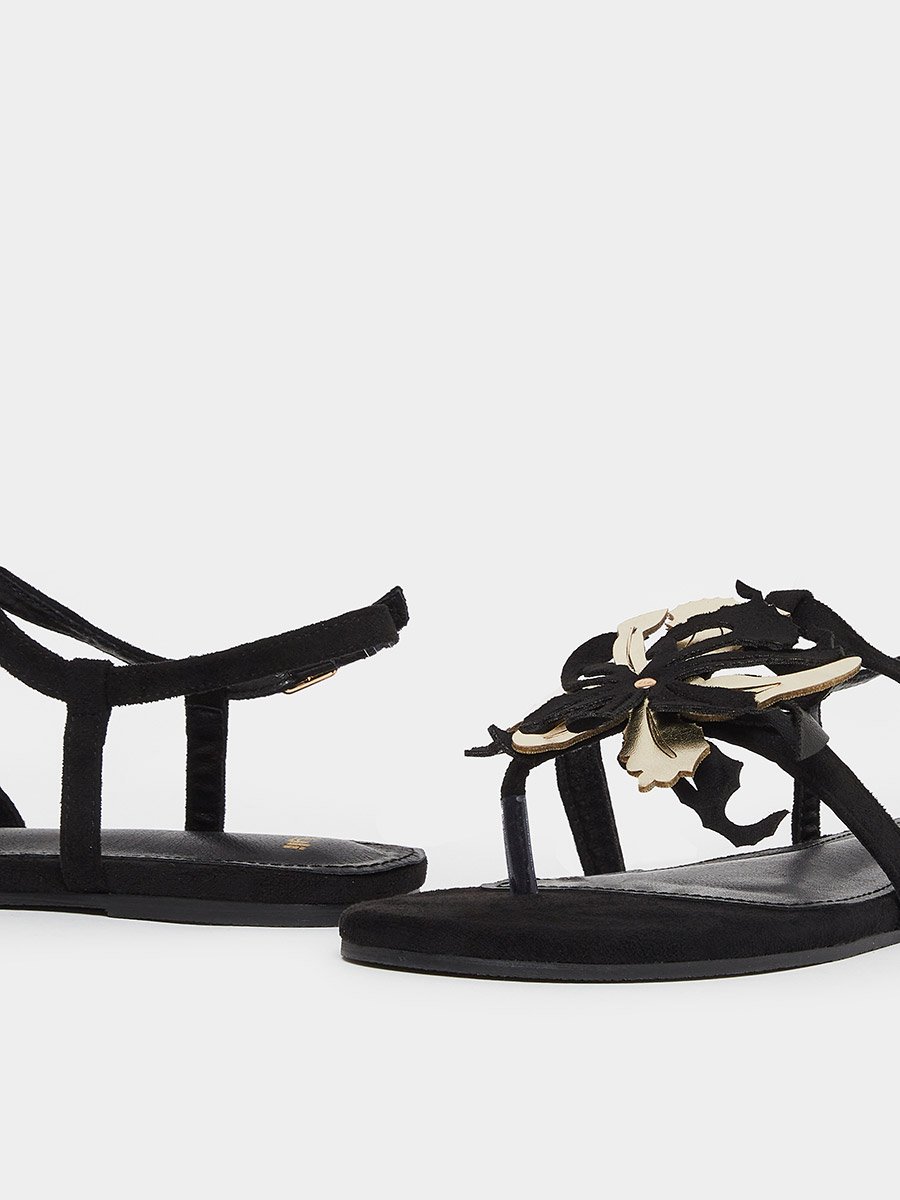 Black Flat Sandals with Floral Detail