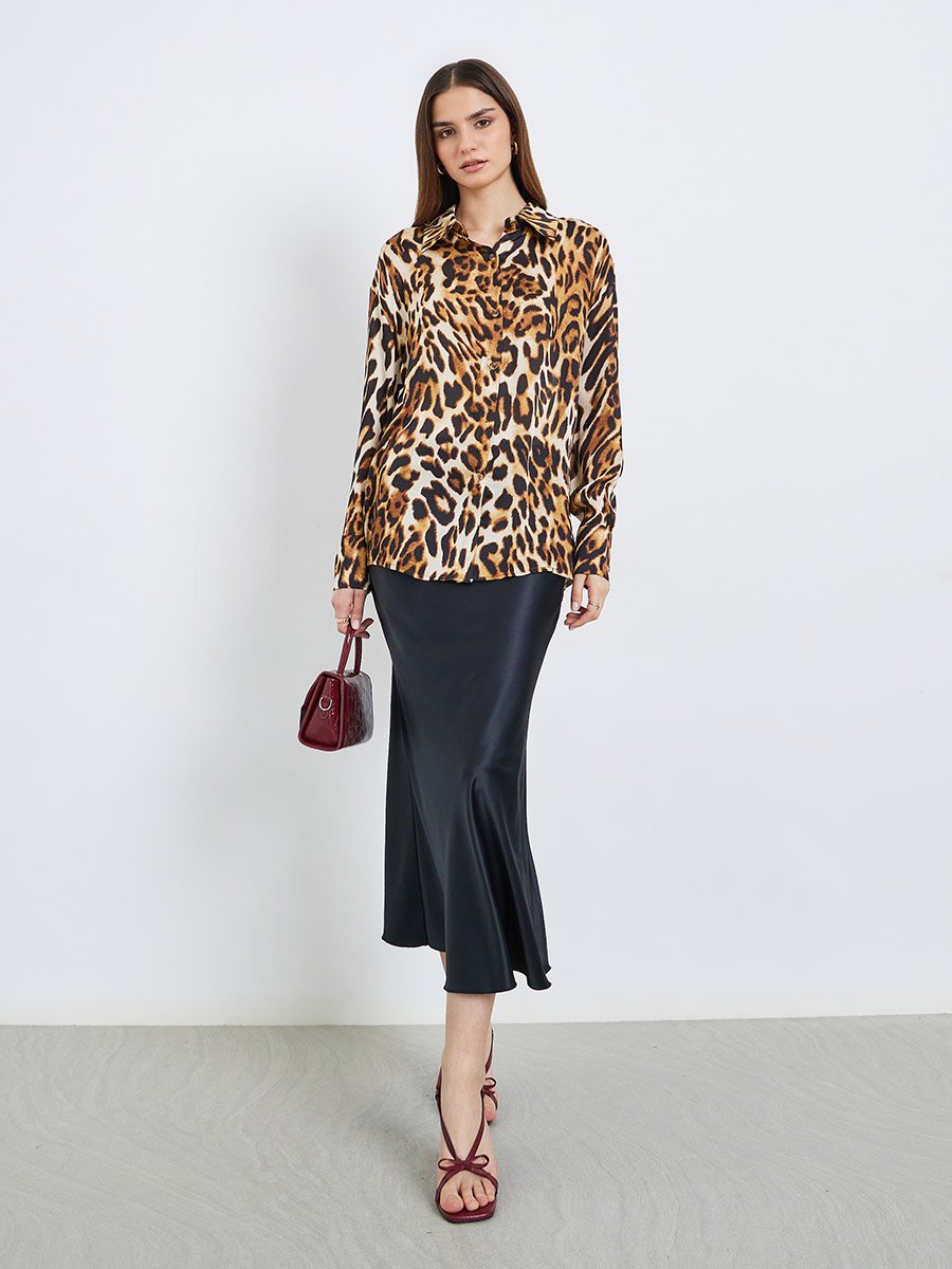 Women Brown Leopard Print Long Sleeve Shirt