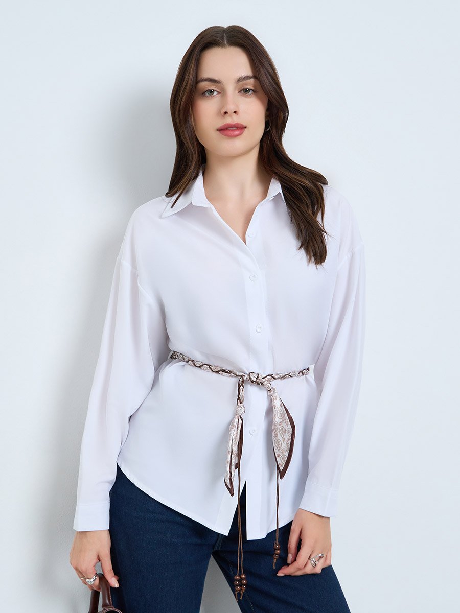 White Long Sleeve Shirt With Belt