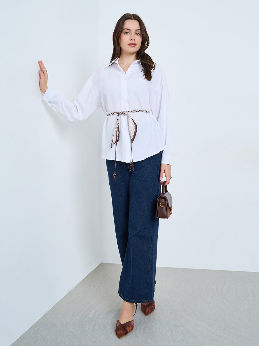 White Long Sleeve Shirt With Belt