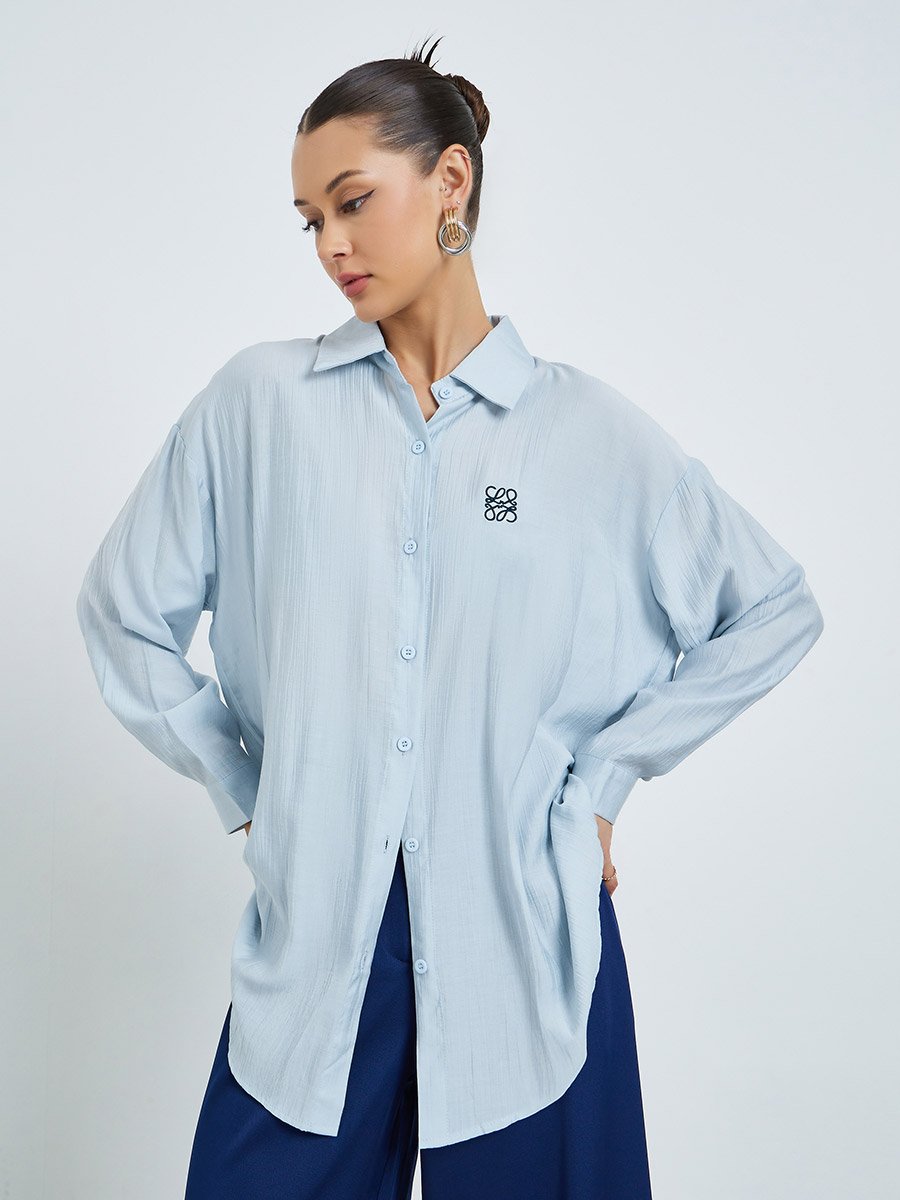Women Light Blue Oversized Shirt with Embroidered Detail