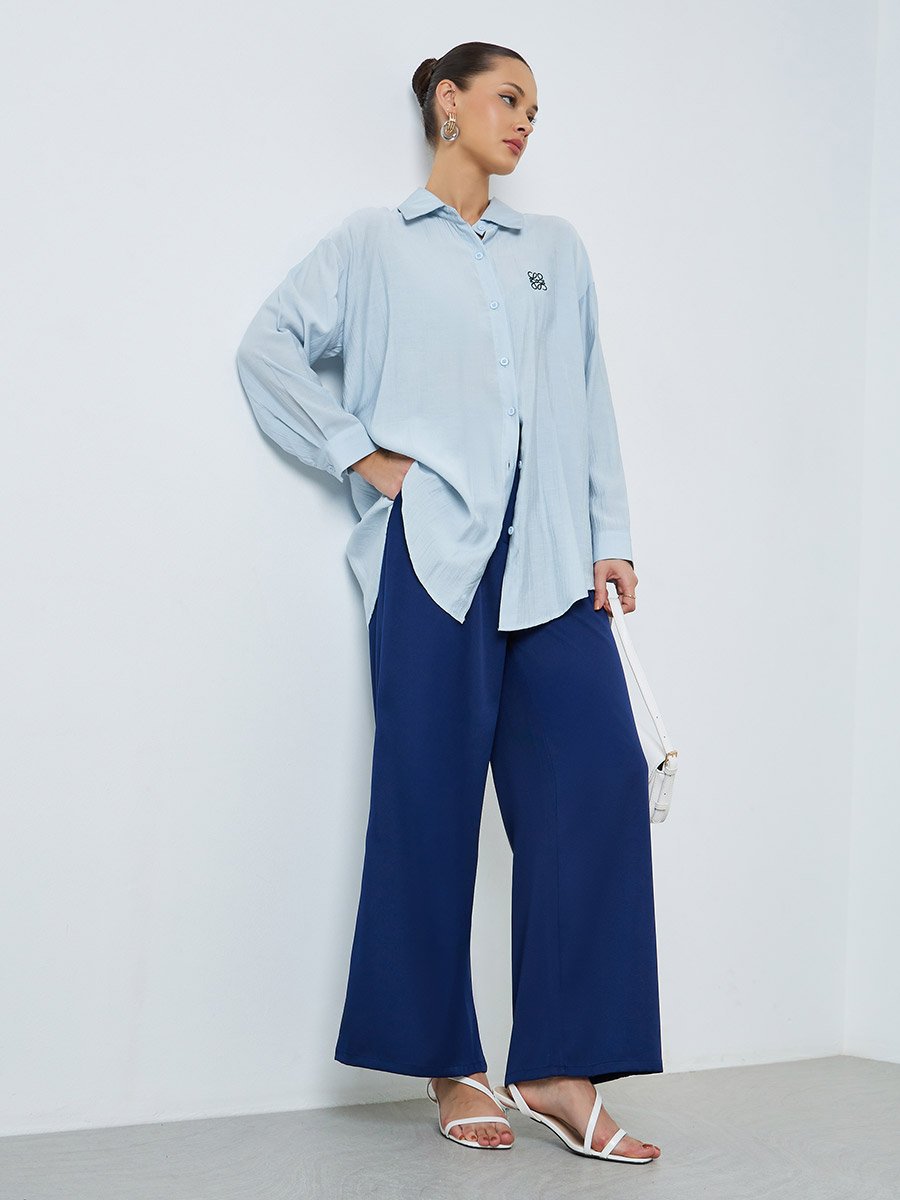 Women Light Blue Oversized Shirt with Embroidered Detail