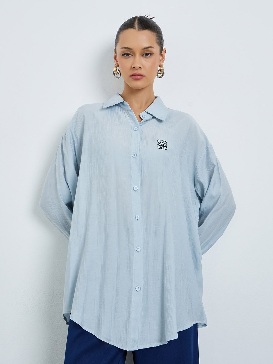Women Light Blue Oversized Shirt with Embroidered Detail