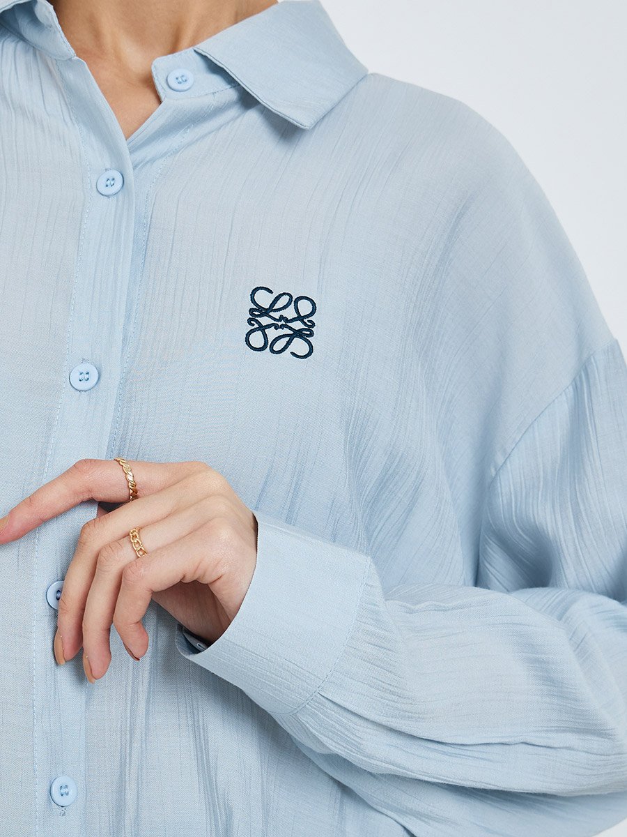 Women Light Blue Oversized Shirt with Embroidered Detail