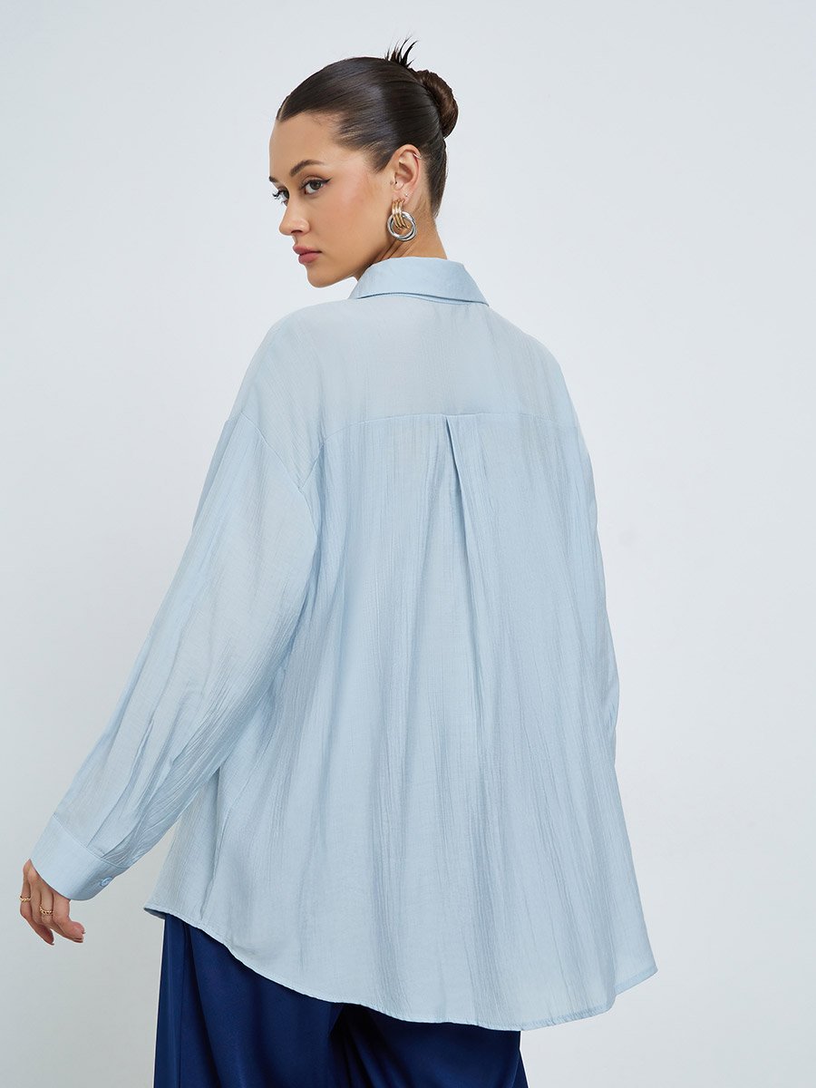 Women Light Blue Oversized Shirt with Embroidered Detail