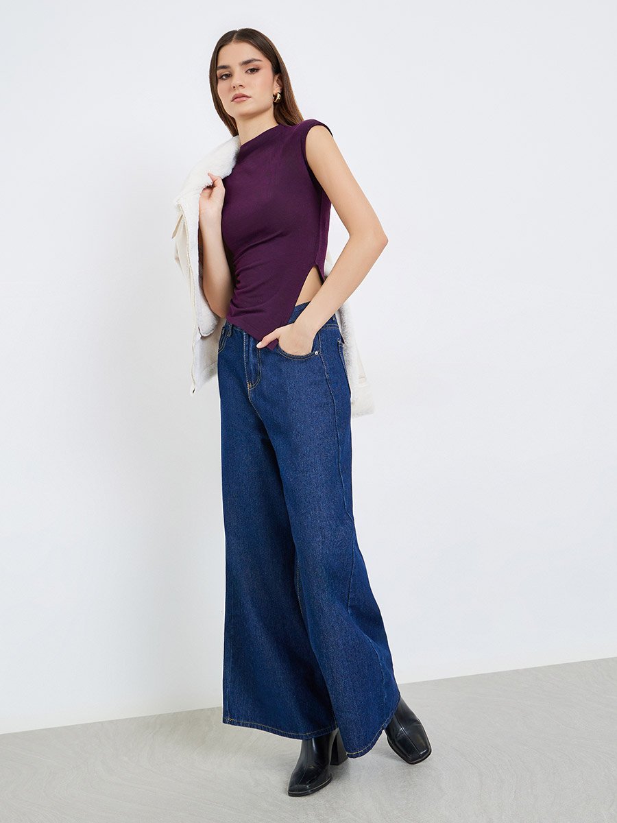 Women Purple Knit Mock Neck Sleeveless Top