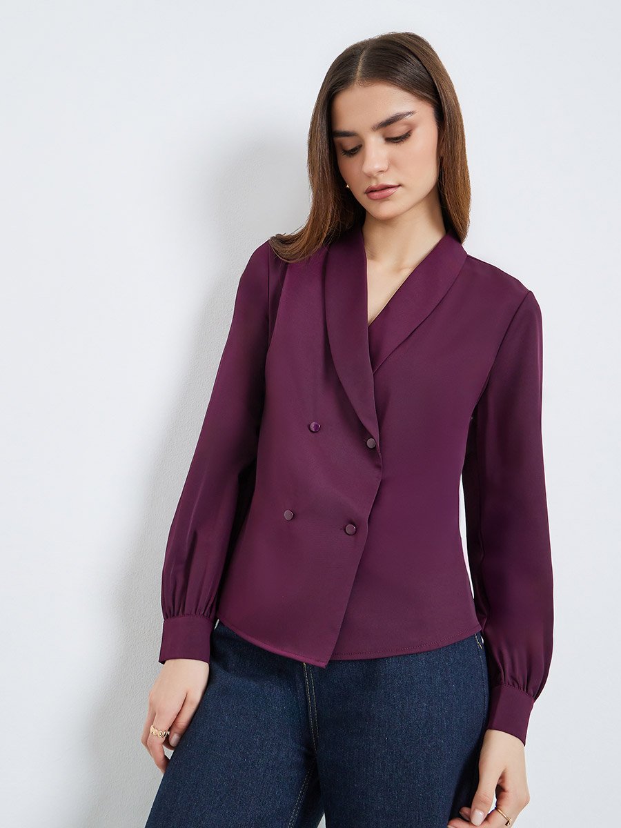 Women Burgundy Buttoned Wrap Top