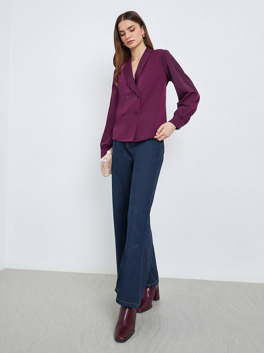 Women Burgundy Buttoned Wrap Top